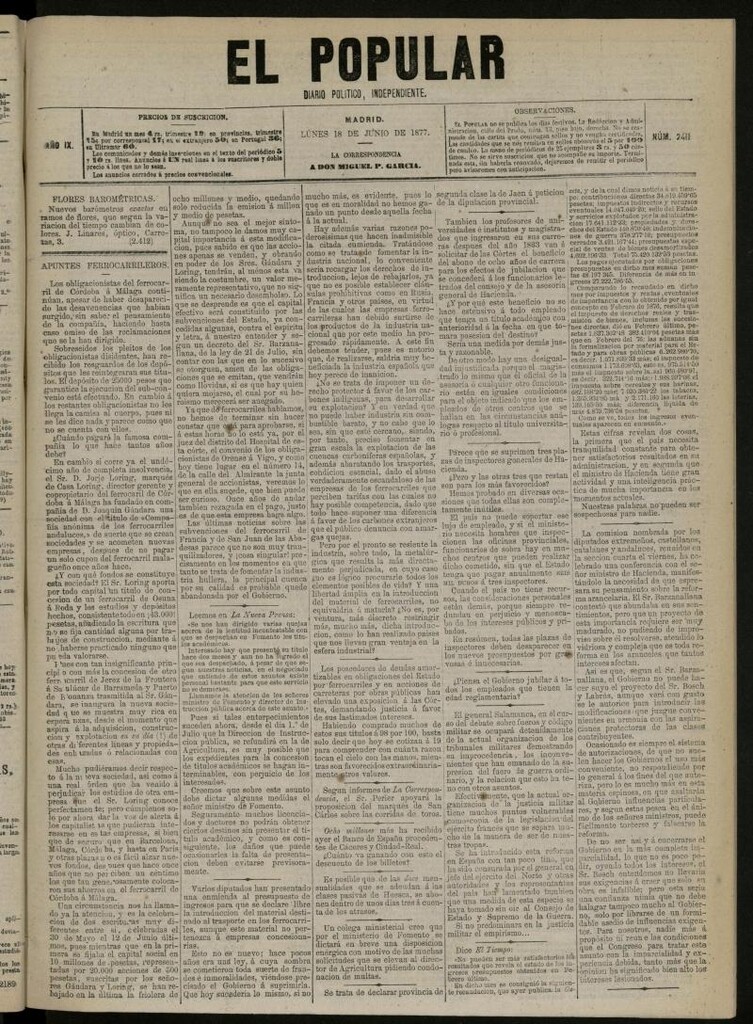 Miniatura de El Popular: diario independiente, político, literario y de noticias de interés general del 18 de junio de 1877, nº 2411