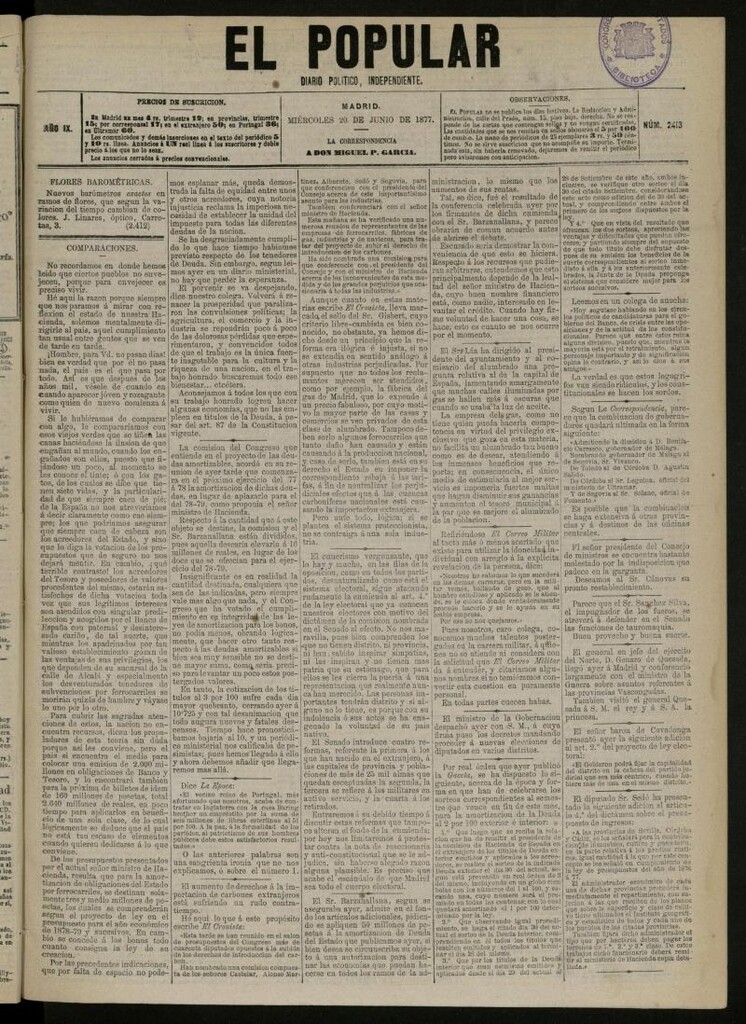 Miniatura de El Popular: diario independiente, político, literario y de noticias de interés general del 20 de junio de 1877, nº 2413