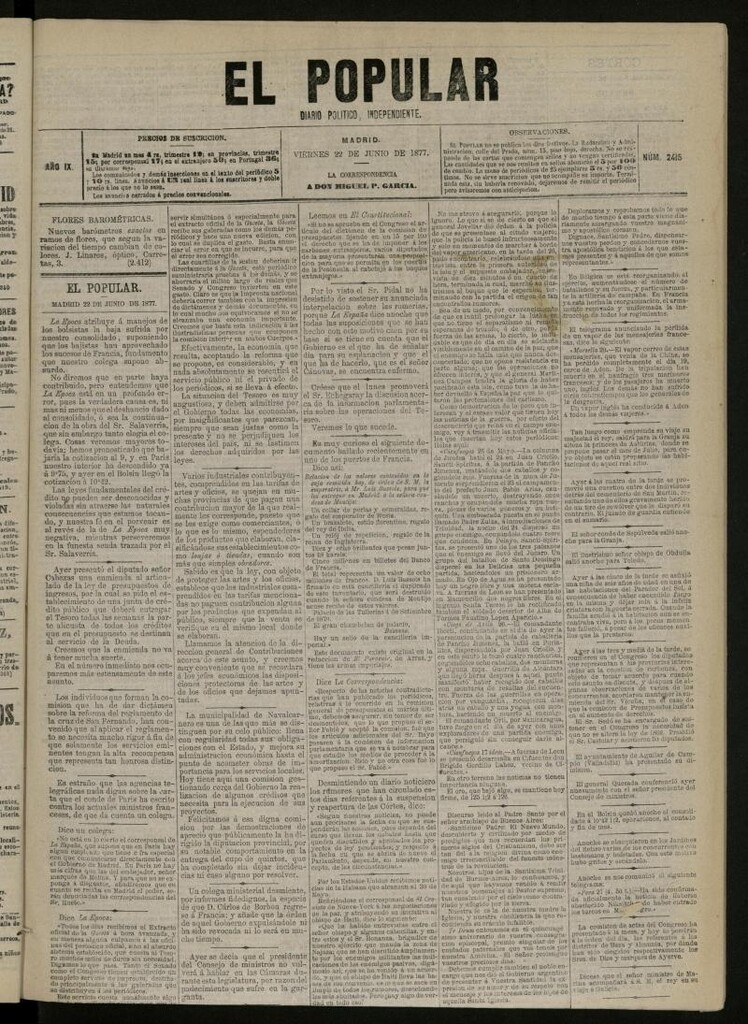 Miniatura de El Popular: diario independiente, político, literario y de noticias de interés general del 22 de junio de 1877, nº 2415