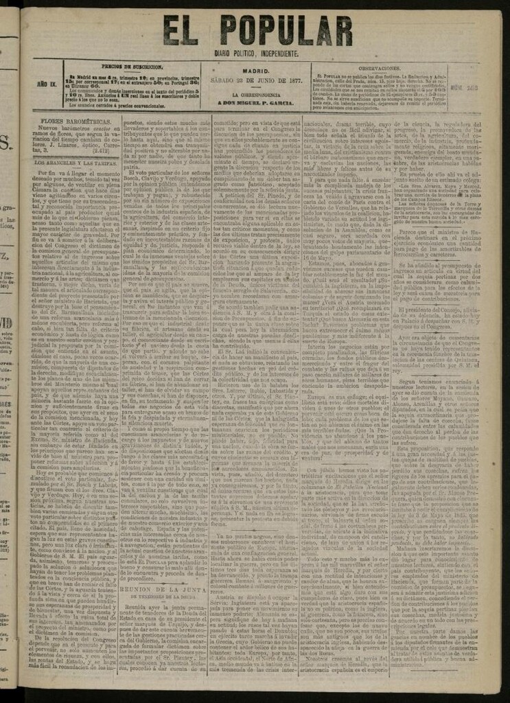 Miniatura de El Popular: diario independiente, político, literario y de noticias de interés general del 23 de junio de 1877, nº 2416