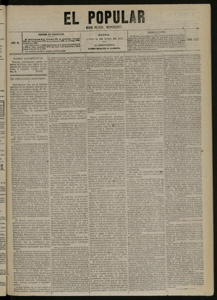 Miniatura de El Popular: diario independiente, político, literario y de noticias de interés general del 25 de junio de 1877, nº 2417