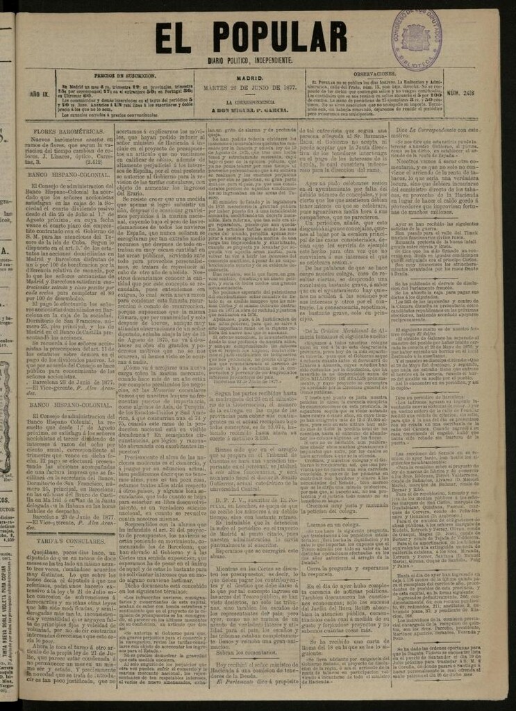 Miniatura de El Popular: diario independiente, político, literario y de noticias de interés general del 26 de junio de 1877, nº 2418