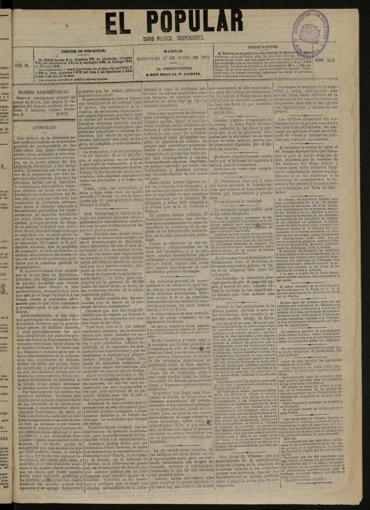 Miniatura de El Popular: diario independiente, político, literario y de noticias de interés general del 27 de junio de 1877, nº 2419