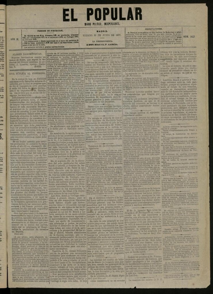 Miniatura de El Popular: diario independiente, político, literario y de noticias de interés general del 30 de junio de 1877, nº 2421