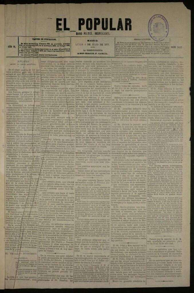 Miniatura de El Popular: diario independiente, político, literario y de noticias de interés general del 2 de julio de 1877, nº 2422