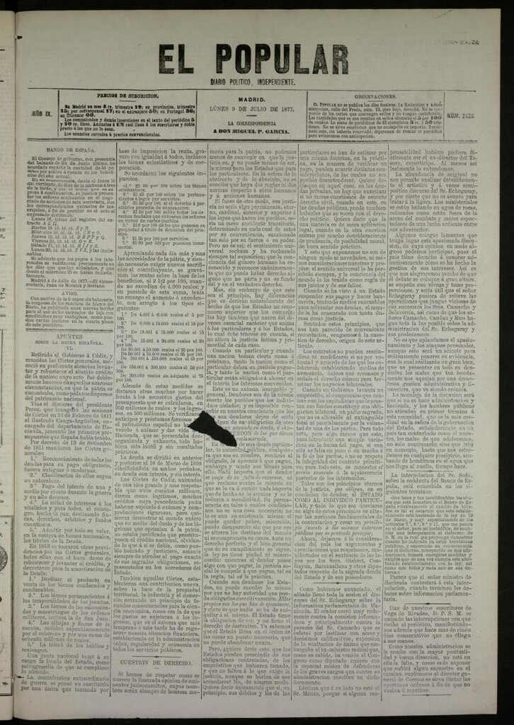 Miniatura de El Popular: diario independiente, político, literario y de noticias de interés general del 9 de julio de 1877, nº 2428