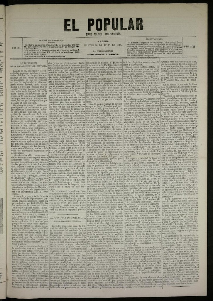 Miniatura de El Popular: diario independiente, político, literario y de noticias de interés general del 10 de julio de 1877, nº 2429