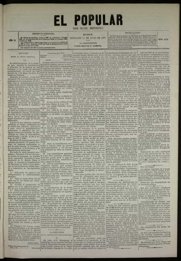 Miniatura de El Popular: diario independiente, político, literario y de noticias de interés general del 11 de julio de 1877, nº 2430