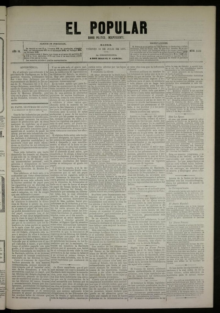 Miniatura de El Popular: diario independiente, político, literario y de noticias de interés general del 13 de julio de 1877, nº 2432