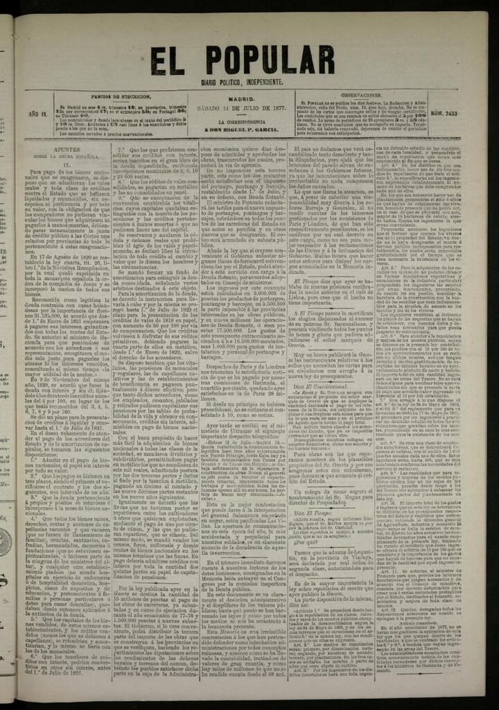 Miniatura de El Popular: diario independiente, político, literario y de noticias de interés general del 14 de julio de 1877, nº 2433