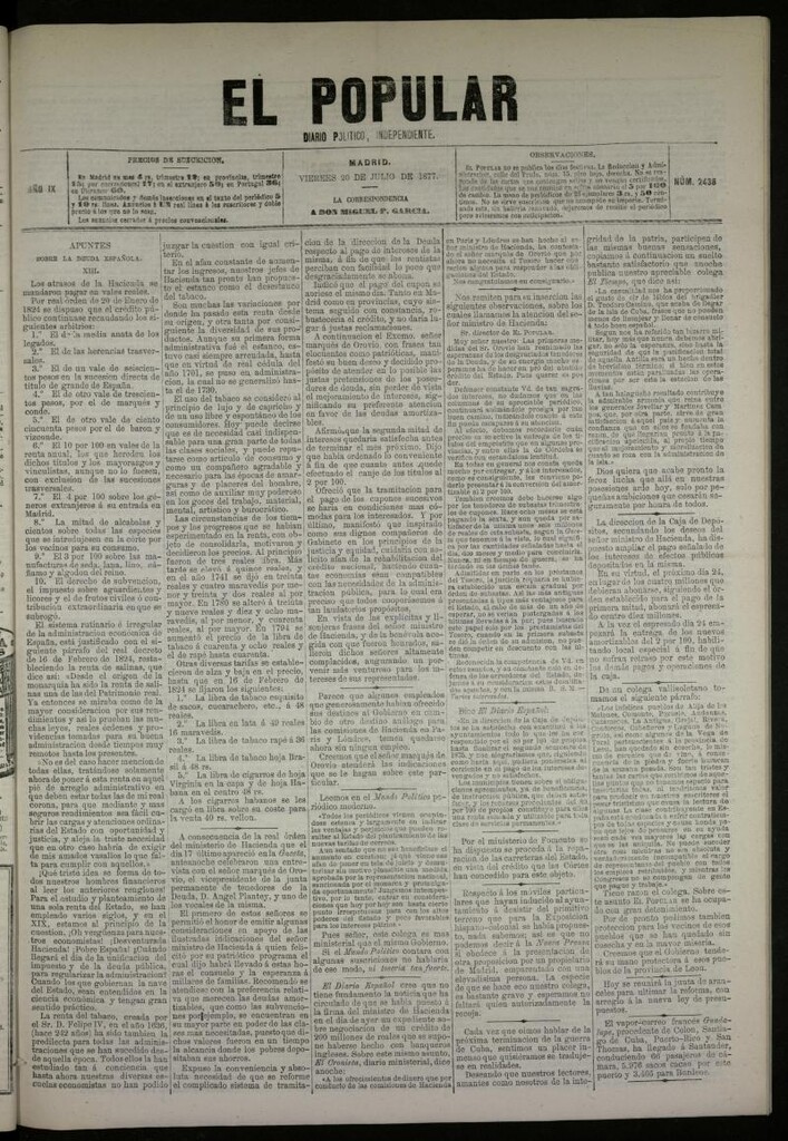 Miniatura de El Popular: diario independiente, político, literario y de noticias de interés general del 20 de julio de 1877, nº 2438