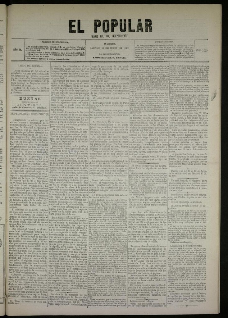 Miniatura de El Popular: diario independiente, político, literario y de noticias de interés general del 21 de julio de 1877, nº 2439