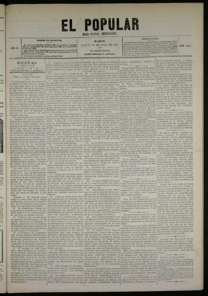 Miniatura de El Popular: diario independiente, político, literario y de noticias de interés general del 24 de julio de 1877, nº 2441