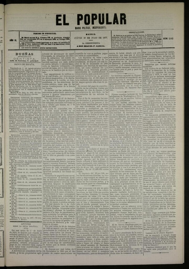 Miniatura de El Popular: diario independiente, político, literario y de noticias de interés general del 26 de julio de 1877, nº 2442