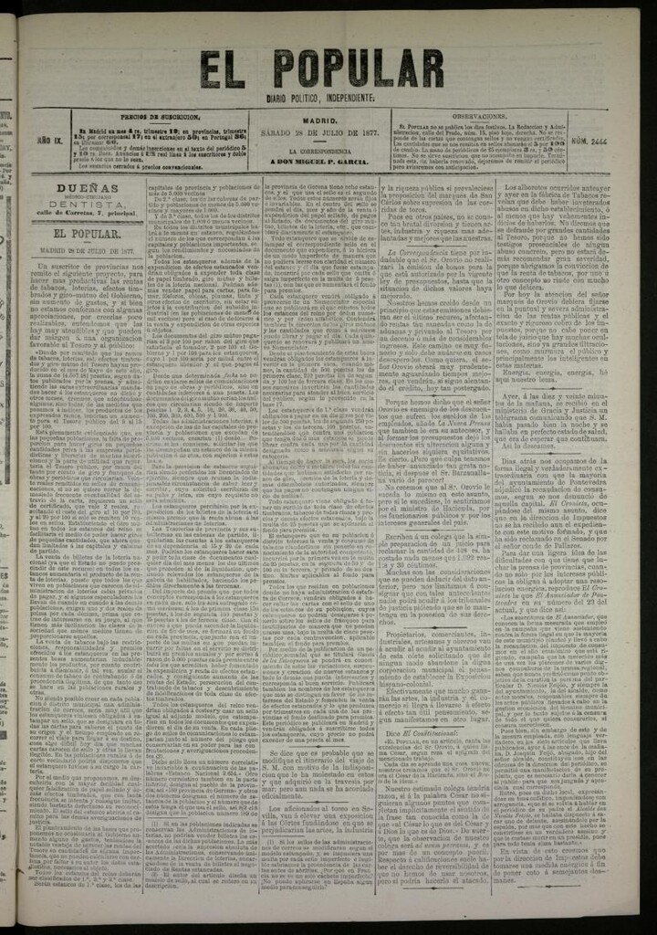 Miniatura de El Popular: diario independiente, político, literario y de noticias de interés general del 28 de julio de 1877, nº 2444