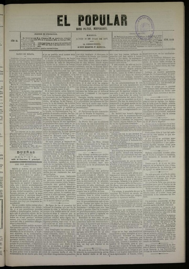 Miniatura de El Popular: diario independiente, político, literario y de noticias de interés general del 30 de julio de 1877, nº 2445