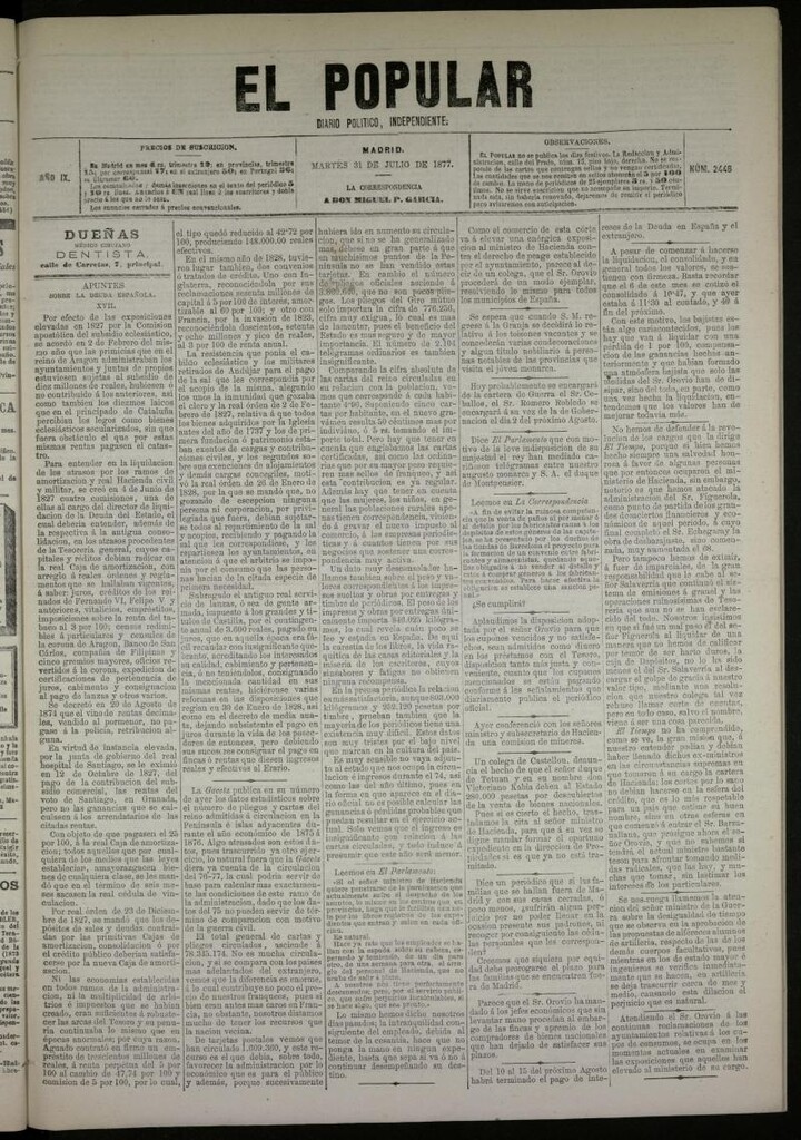 Miniatura de El Popular: diario independiente, político, literario y de noticias de interés general del 31 de julio de 1877, nº 2446