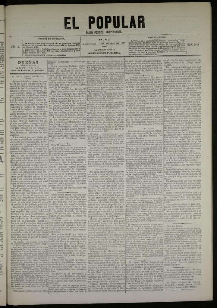 Miniatura de El Popular: diario independiente, político, literario y de noticias de interés general del 1 de agosto de 1877, nº 2447