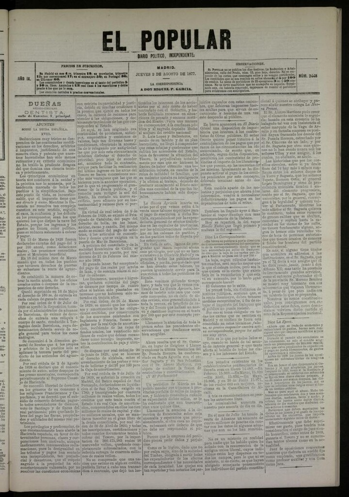 Miniatura de El Popular: diario independiente, político, literario y de noticias de interés general del 2 de agosto de 1877, nº 2448
