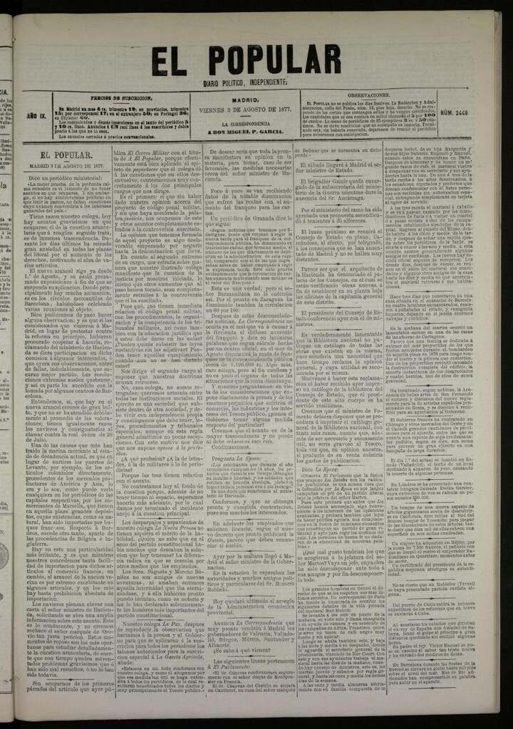 Miniatura de El Popular: diario independiente, político, literario y de noticias de interés general del 3 de agosto de 1877, nº 2449