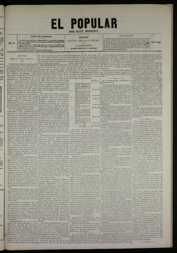 Miniatura de El Popular: diario independiente, político, literario y de noticias de interés general del 4 de agosto de 1877, nº 2450
