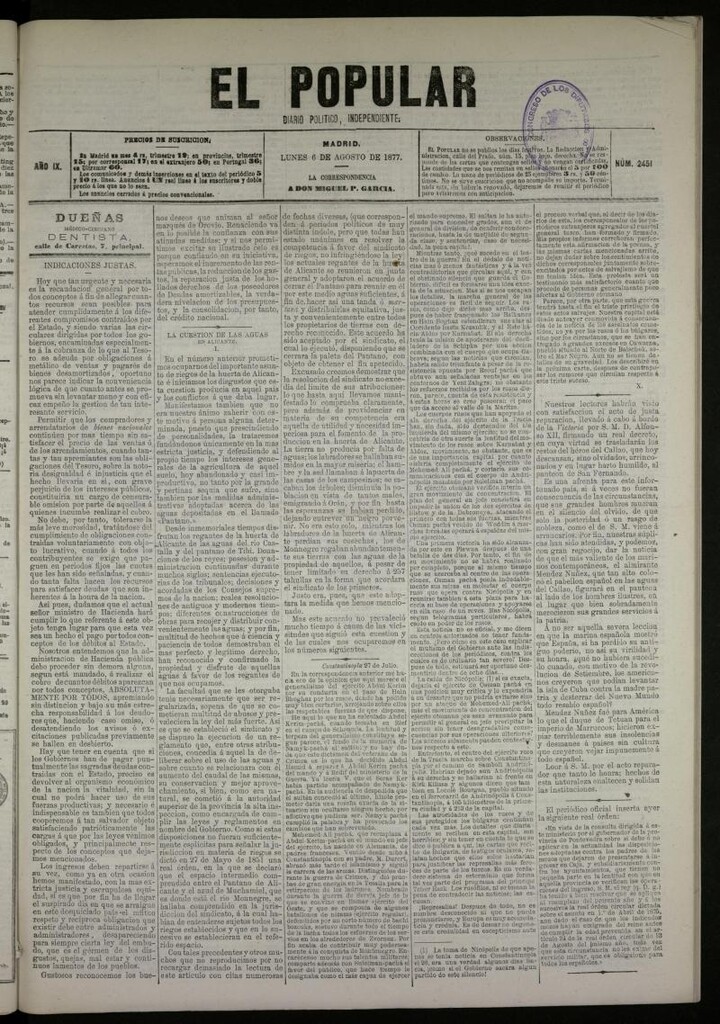 Miniatura de El Popular: diario independiente, político, literario y de noticias de interés general del 6 de agosto de 1877, nº 2451