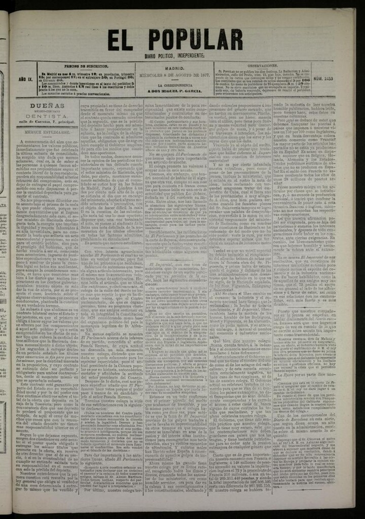 Miniatura de El Popular: diario independiente, político, literario y de noticias de interés general del 8 de agosto de 1877, nº 2453