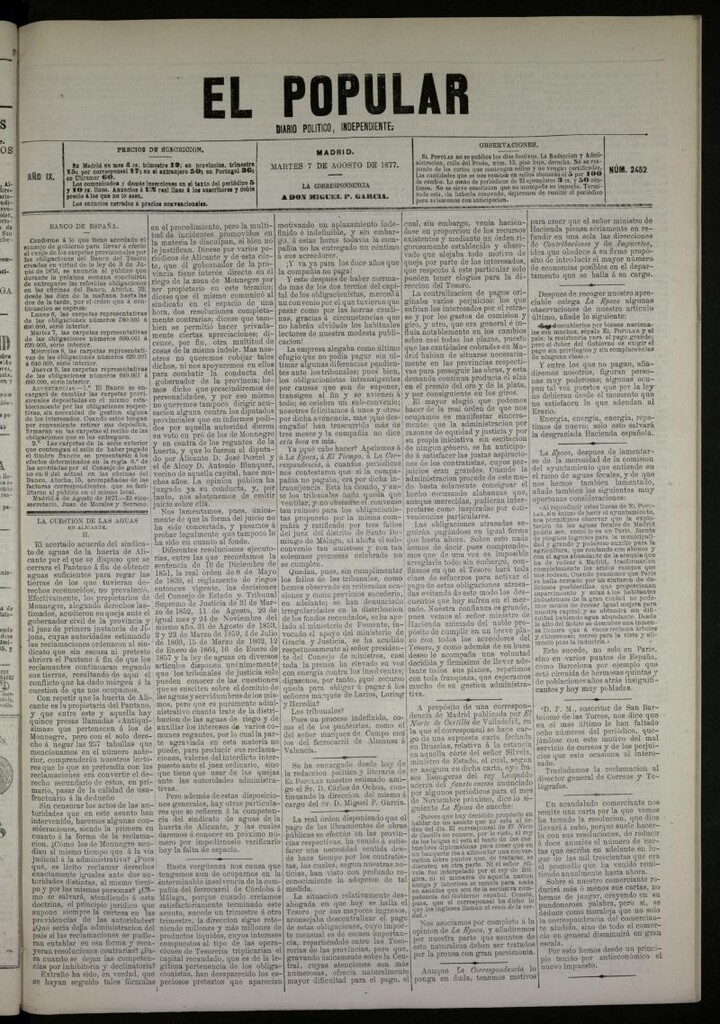 Miniatura de El Popular: diario independiente, político, literario y de noticias de interés general del 7 de agosto de 1877, nº 2452