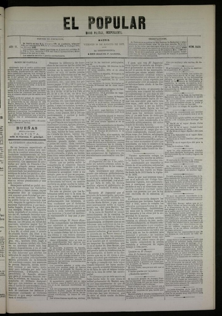 Miniatura de El Popular: diario independiente, político, literario y de noticias de interés general del 10 de agosto de 1877, nº 2455
