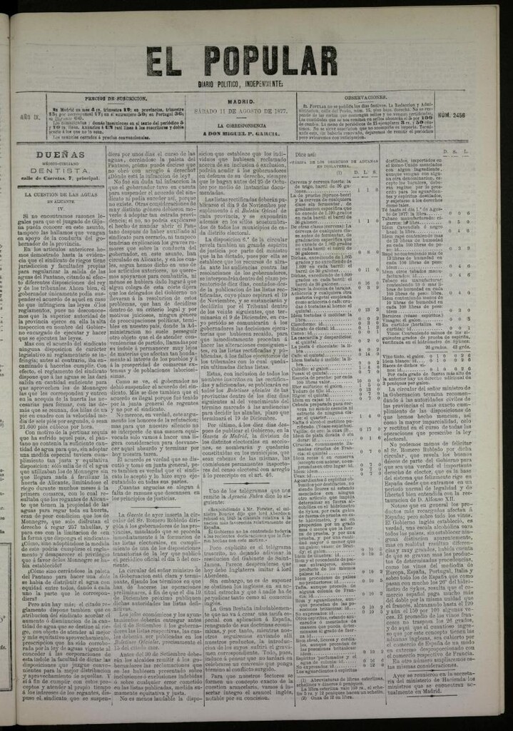 Miniatura de El Popular: diario independiente, político, literario y de noticias de interés general del 11 de agosto de 1877, nº 2456