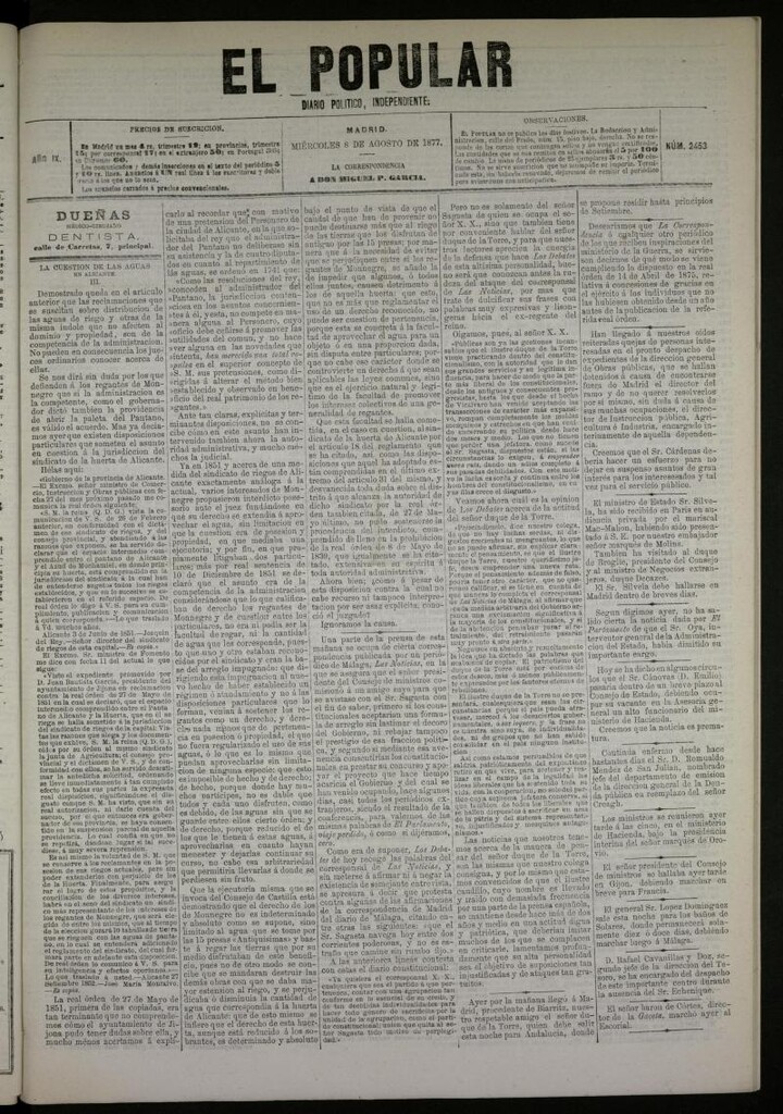 Miniatura de El Popular: diario independiente, político, literario y de noticias de interés general del 8 de agosto de 1877, nº 2453 [sic]