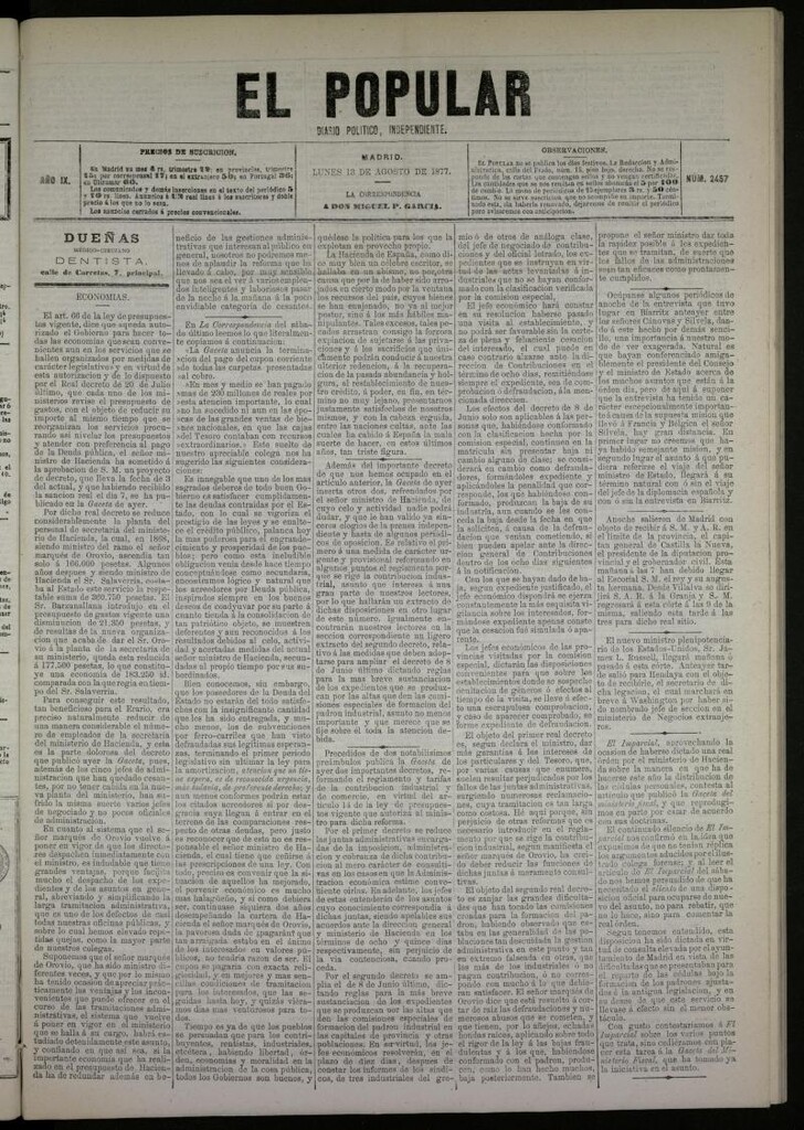 Miniatura de El Popular: diario independiente, político, literario y de noticias de interés general del 13 de agosto de 1877, nº 2457