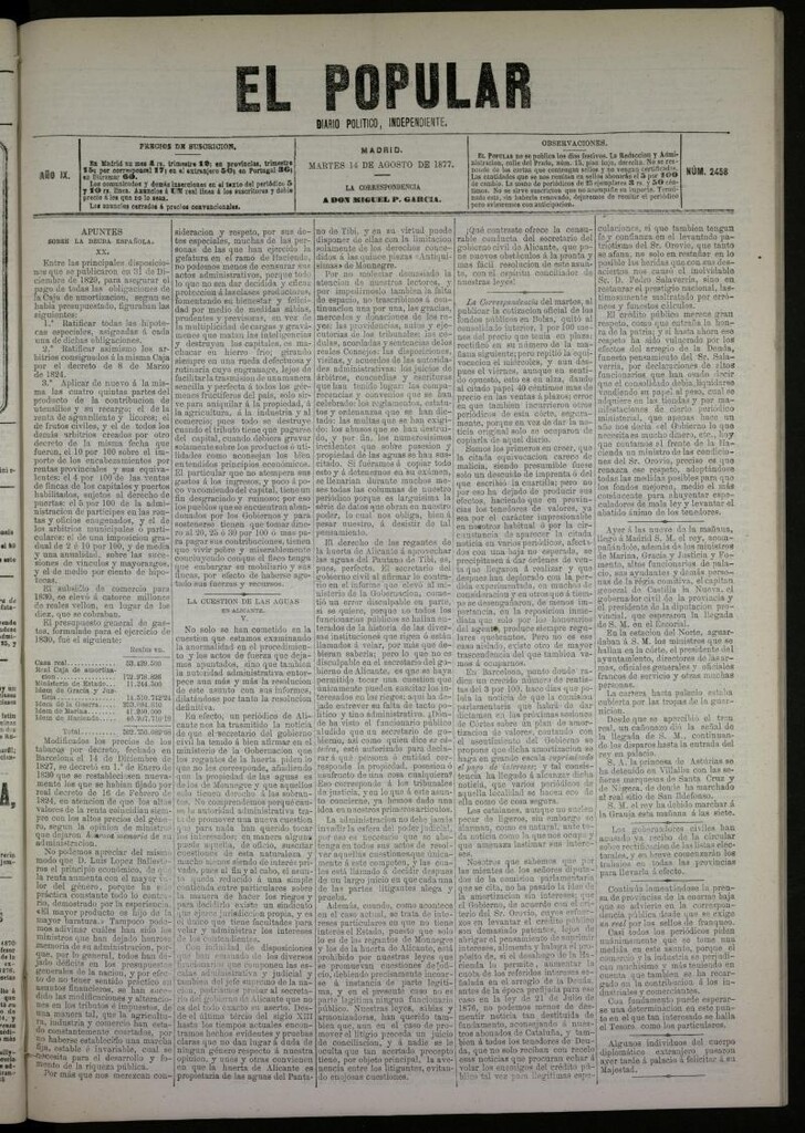 Miniatura de El Popular: diario independiente, político, literario y de noticias de interés general del 14 de agosto de 1877, nº 2458