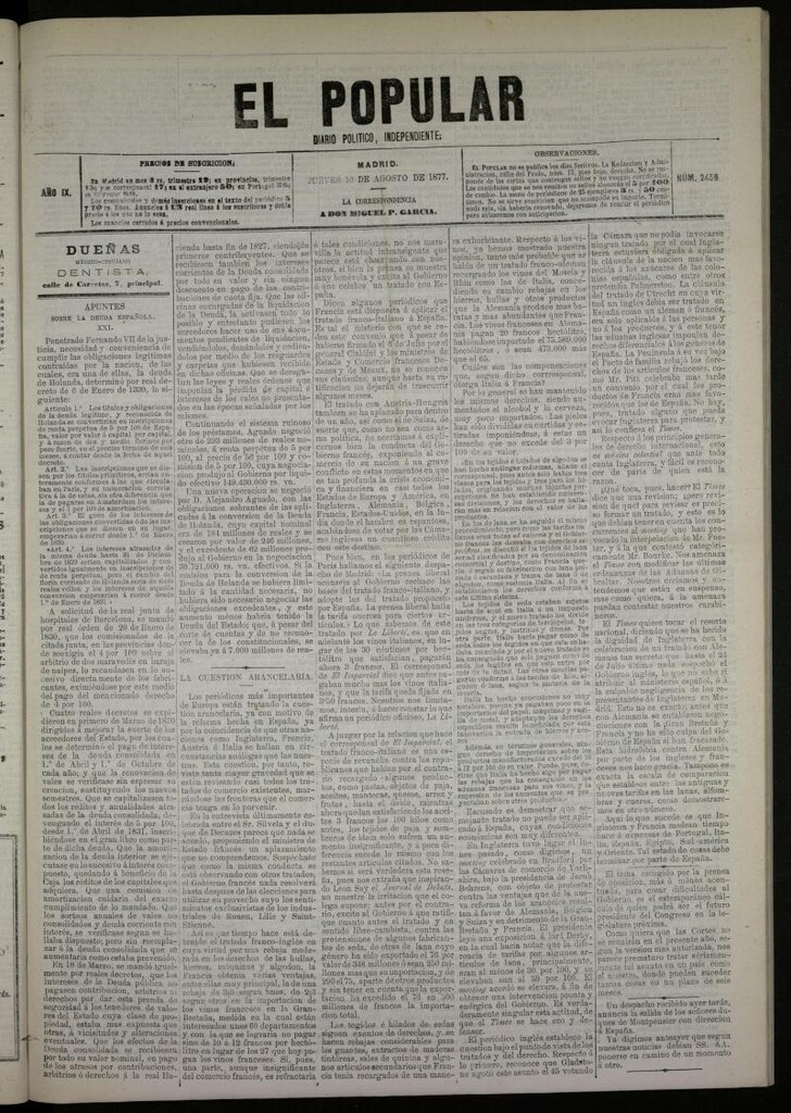 Miniatura de El Popular: diario independiente, político, literario y de noticias de interés general del 16 de agosto de 1877, nº 2459
