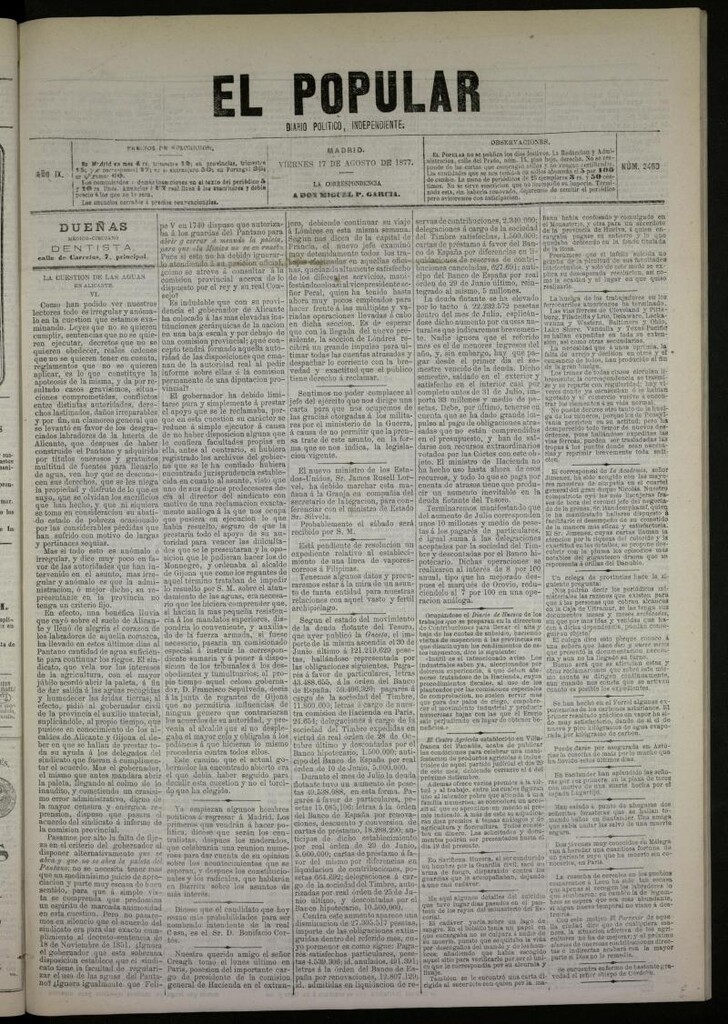 Miniatura de El Popular: diario independiente, político, literario y de noticias de interés general del 17 de agosto de 1877, nº 2460