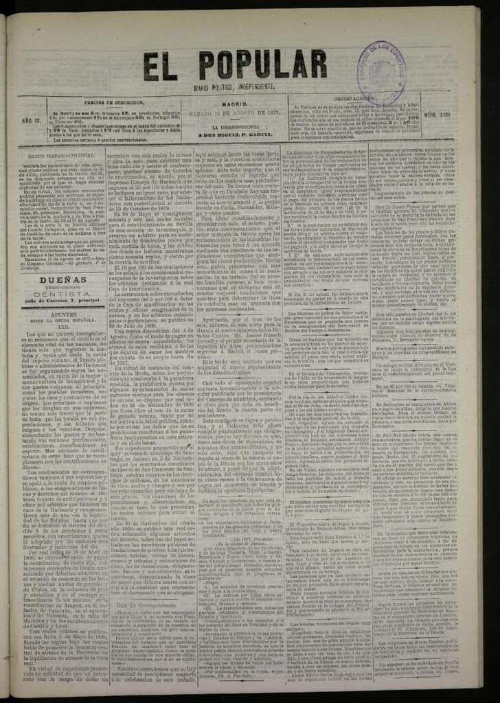 Miniatura de El Popular: diario independiente, político, literario y de noticias de interés general del 18 de agosto de 1877, nº 2461