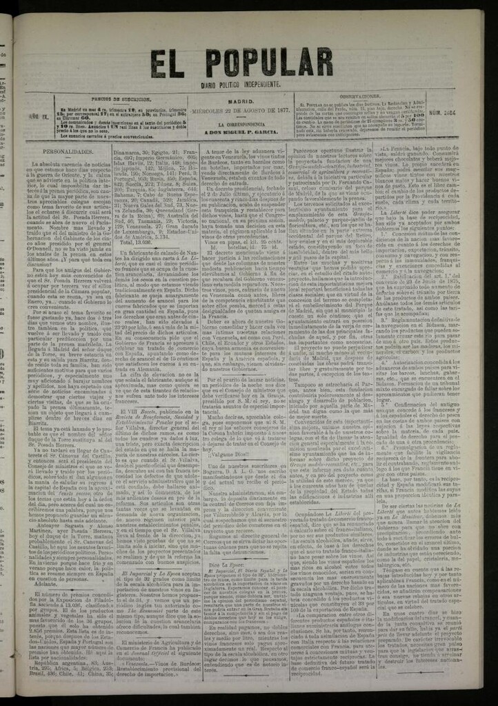 Miniatura de El Popular: diario independiente, político, literario y de noticias de interés general del 22 de agosto de 1877, nº 2464