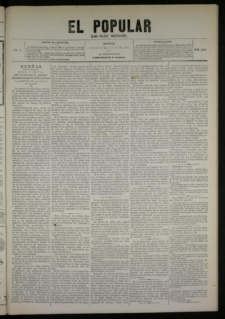 Miniatura de El Popular: diario independiente, político, literario y de noticias de interés general del 23 de agosto de 1877, nº 2465