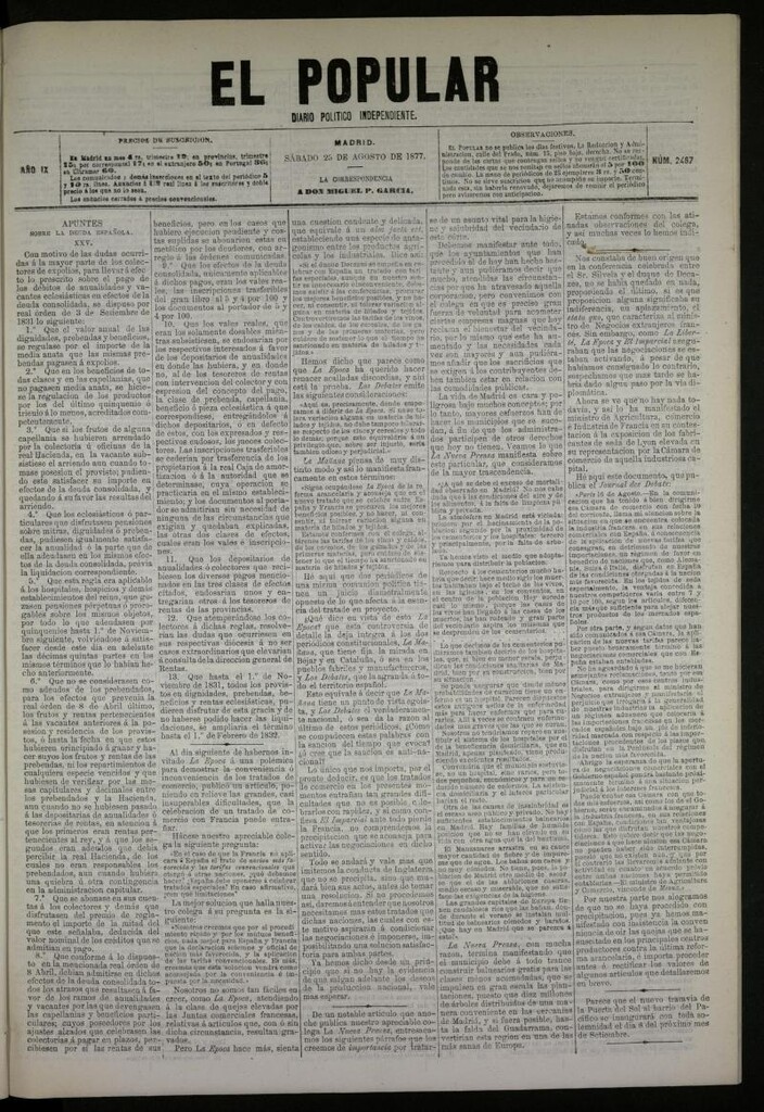 Miniatura de El Popular: diario independiente, político, literario y de noticias de interés general del 25 de agosto de 1877, nº 2467