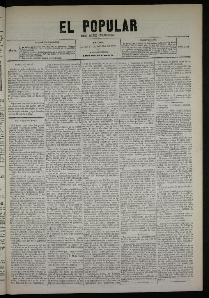 Miniatura de El Popular: diario independiente, político, literario y de noticias de interés general del 27 de agosto de 1877, nº 2468