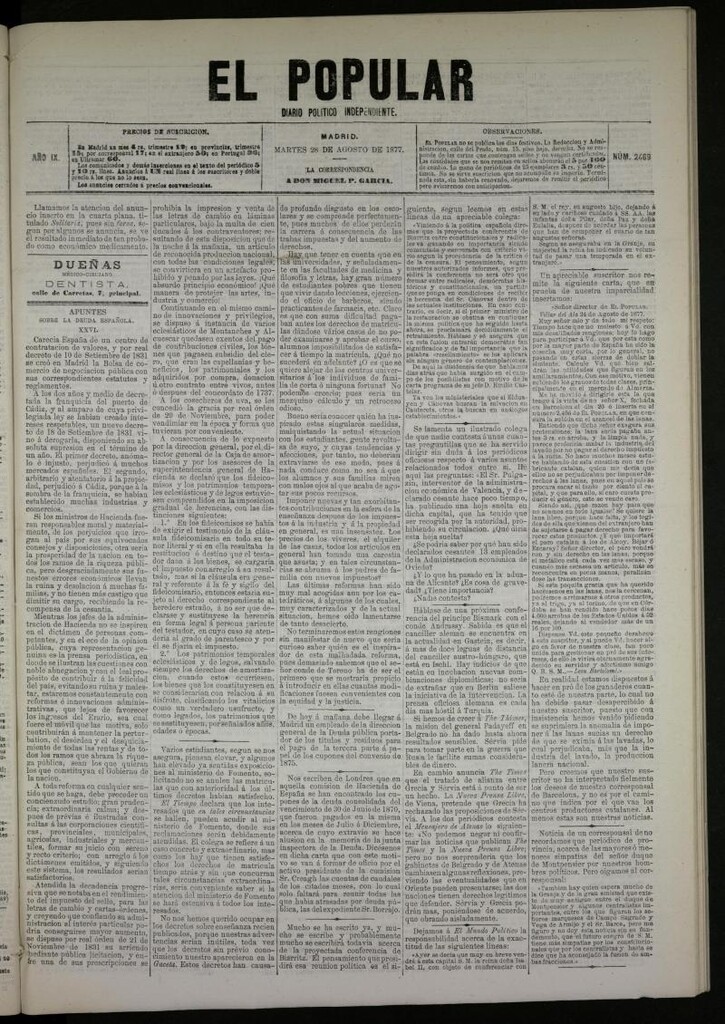 Miniatura de El Popular: diario independiente, político, literario y de noticias de interés general del 28 de agosto de 1877, nº 2469