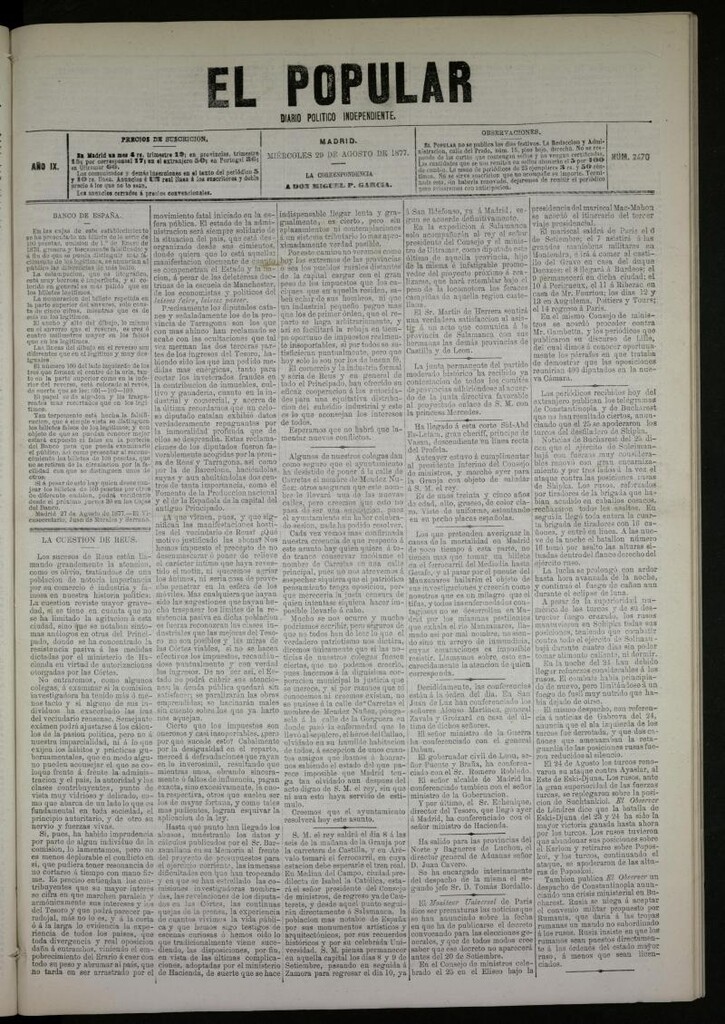 Miniatura de El Popular: diario independiente, político, literario y de noticias de interés general del 29 de agosto de 1877, nº 2470