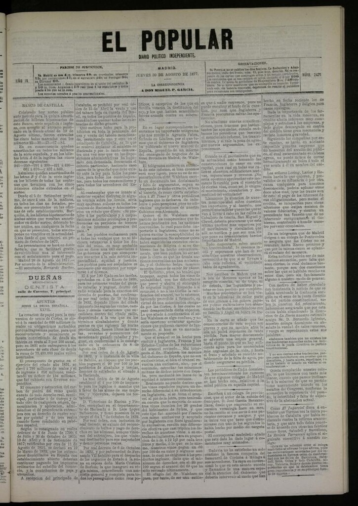 Miniatura de El Popular: diario independiente, político, literario y de noticias de interés general del 30 de agosto de 1877, nº 2471