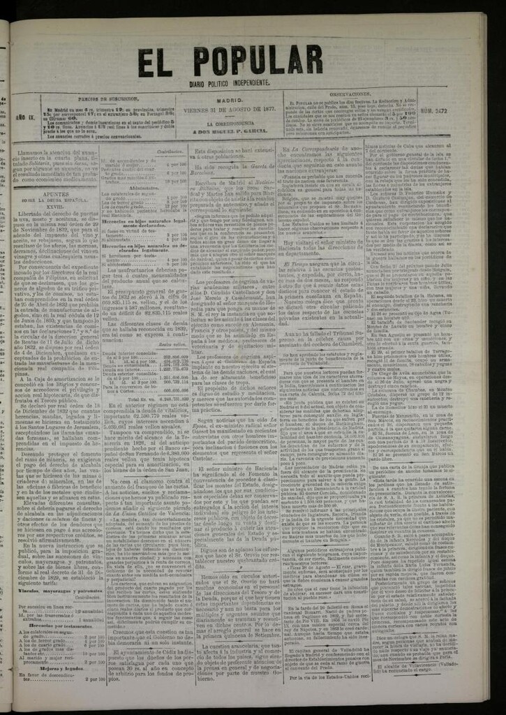 Miniatura de El Popular: diario independiente, político, literario y de noticias de interés general del 31 de agosto de 1877, nº 2472