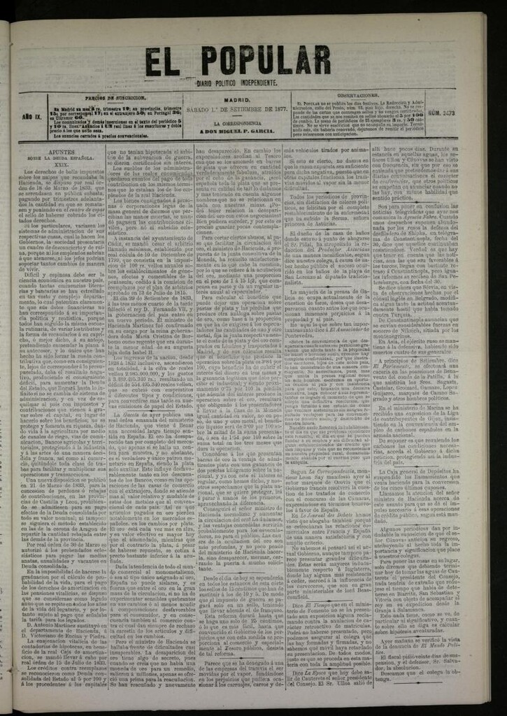 Miniatura de El Popular: diario independiente, político, literario y de noticias de interés general del 1 de septiembre de 1877, nº 2473