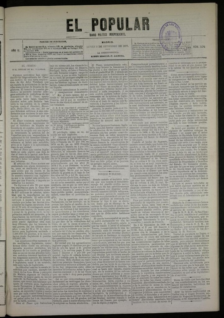 Miniatura de El Popular: diario independiente, político, literario y de noticias de interés general del 3 de septiembre de 1877, nº 2474