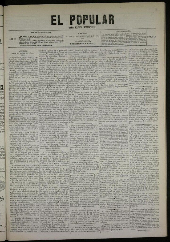 Miniatura de El Popular: diario independiente, político, literario y de noticias de interés general del 4 de septiembre de 1877, nº 2475