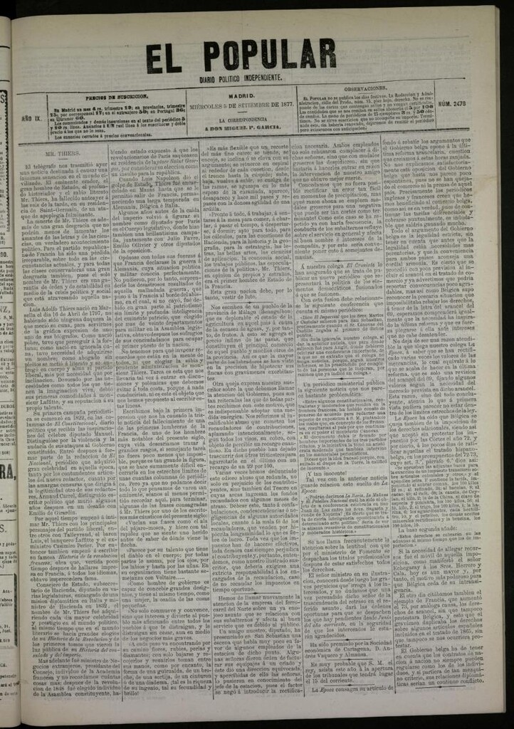 Miniatura de El Popular: diario independiente, político, literario y de noticias de interés general del 5 de septiembre de 1877, nº 2476