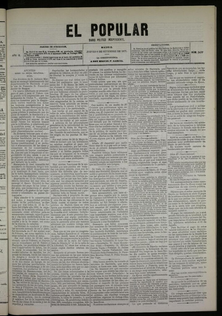 Miniatura de El Popular: diario independiente, político, literario y de noticias de interés general del 6 de septiembre de 1877, nº 2477