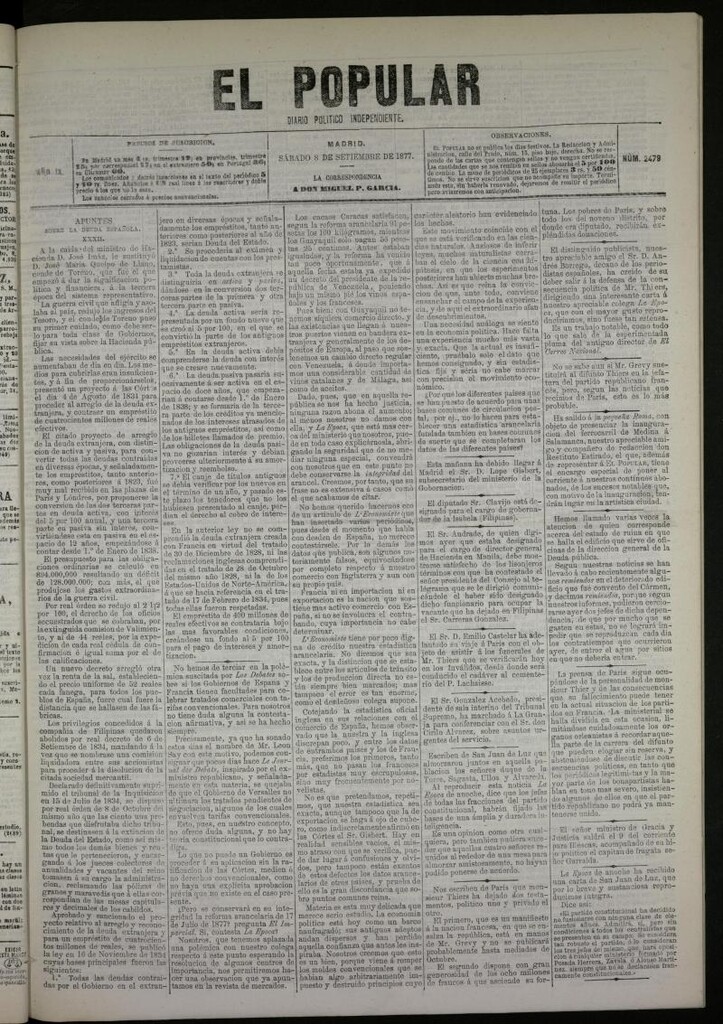 Miniatura de El Popular: diario independiente, político, literario y de noticias de interés general del 8 de septiembre de 1877, nº 2479